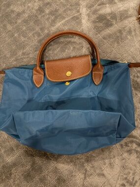 Longchamp Mini Le Pliage Blue Nylon Tote Bag with Brown Trim